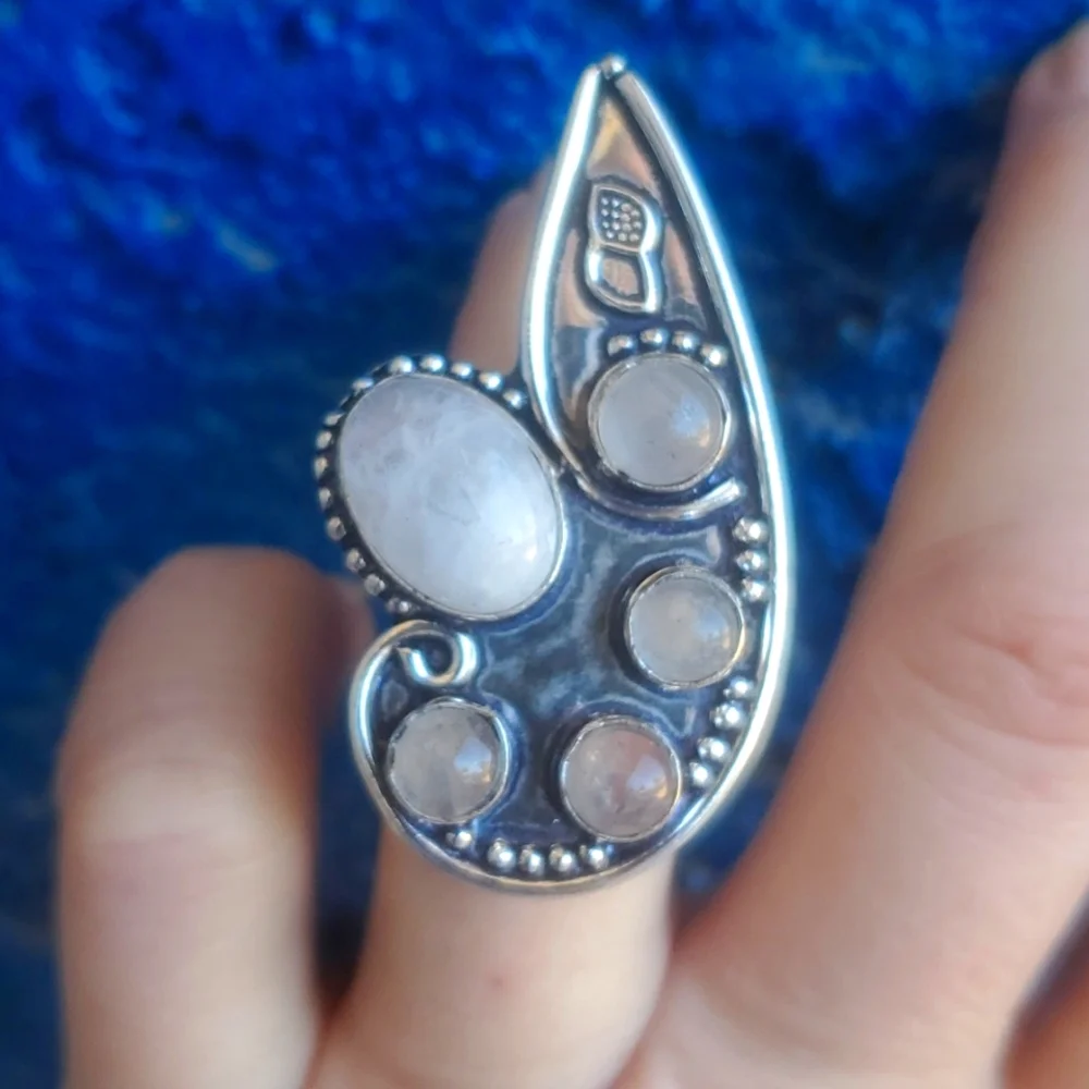 New Rainbow Moonstone & Rose Quartz 925 Silver Statement Ring.
